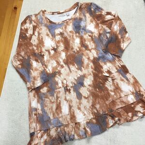 LOGO by Lori Goldstein Tunic Top Women M Brown Tie Dye Ruffle Hem Boho Artsy
